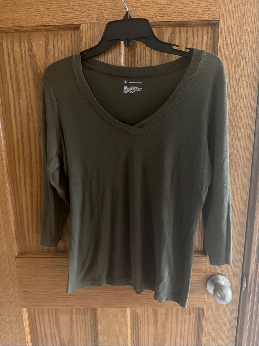 INC XL International Concepts Olive V-Neck 3/4 Long Sleeve Top